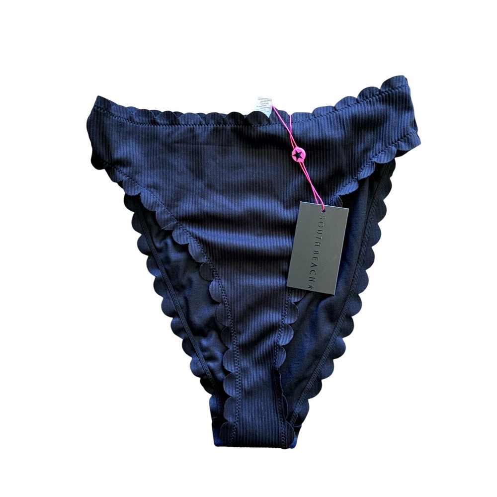South‎ Beach Classic Black Ribbed Ruffle High Rise Bikini Swim Bottoms US 10 NEW